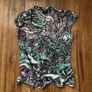 Y2K Ruched Wrap Front Top Womens Medium Animal Print Colourful Short Sleeve Boho